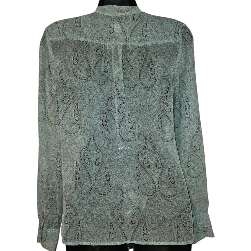 J.CREW Green Paisley 100% Silk Sheer Button Up Blouse Sz 2 Like New Condition - Picture 4 of 7